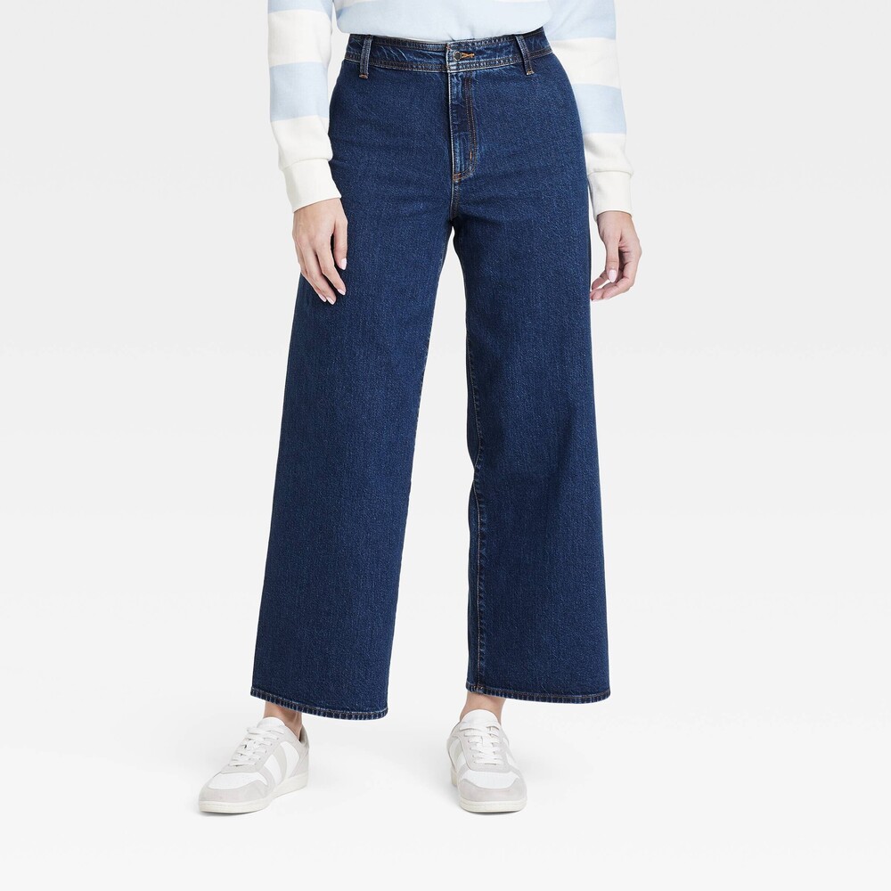 High-Rise Sailor Wide Leg Ankle Jeans - Dark Wash 10